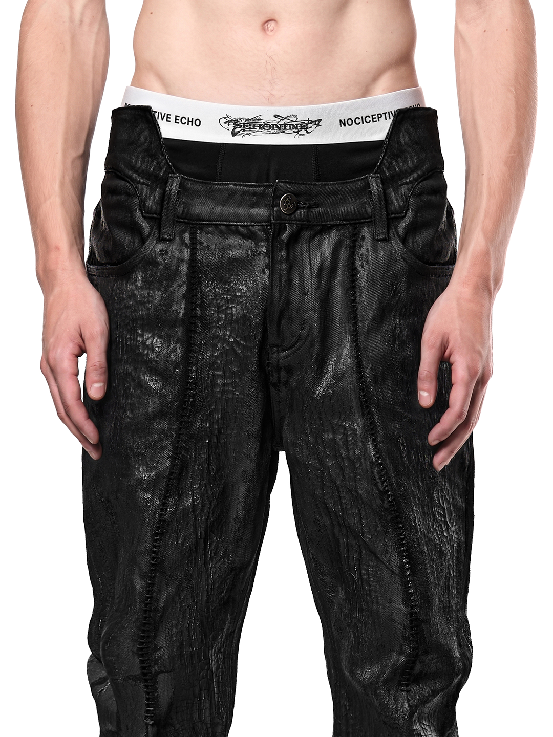 SERONINE CTX-55 Wax-Coated Structural Black Jeans - front waistband fit detail