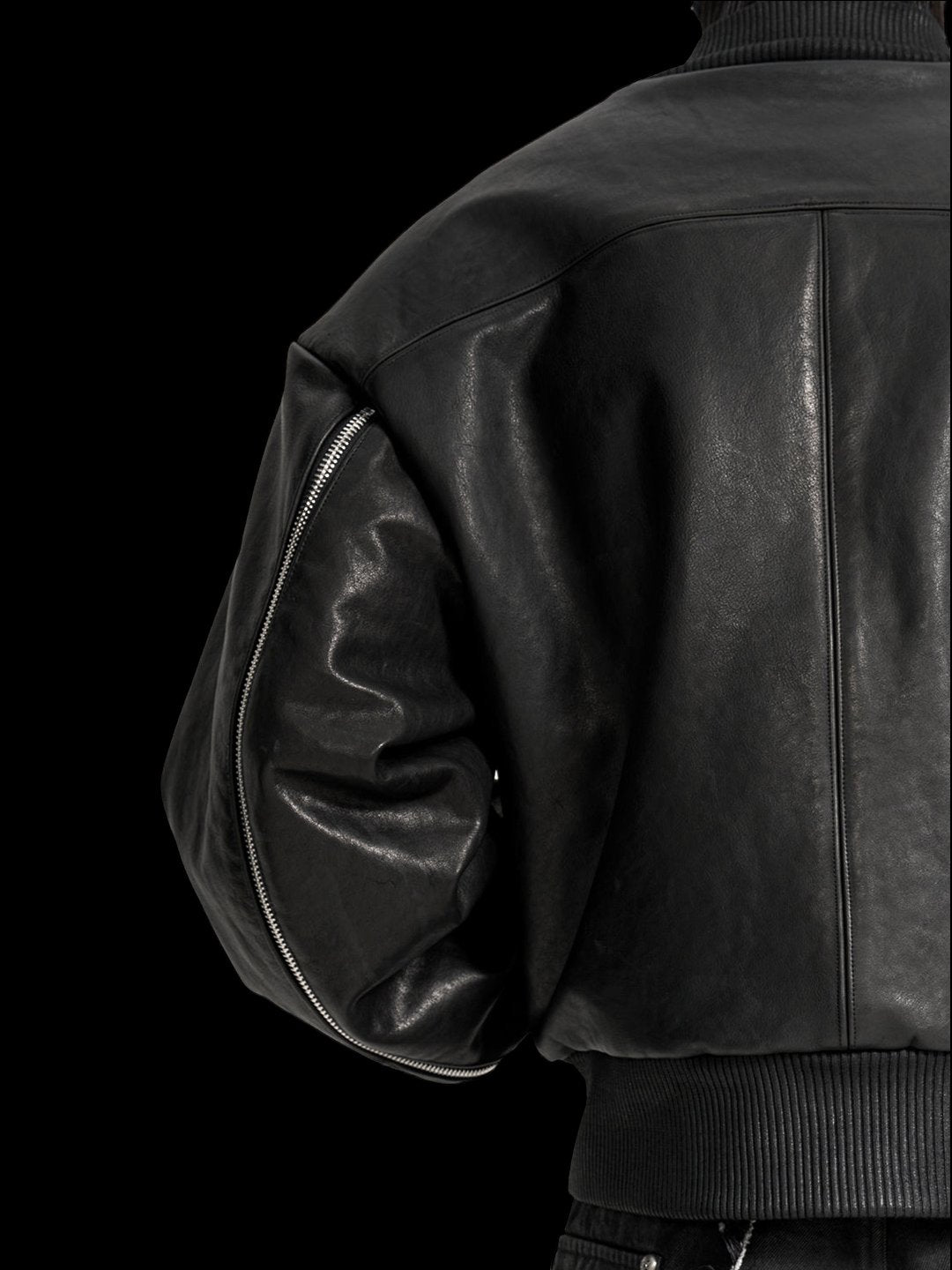 SERONINE VAR-45 Black Zip-Sleeve Leather Bomber Jacket - back shoulder and sleeve zipper detail