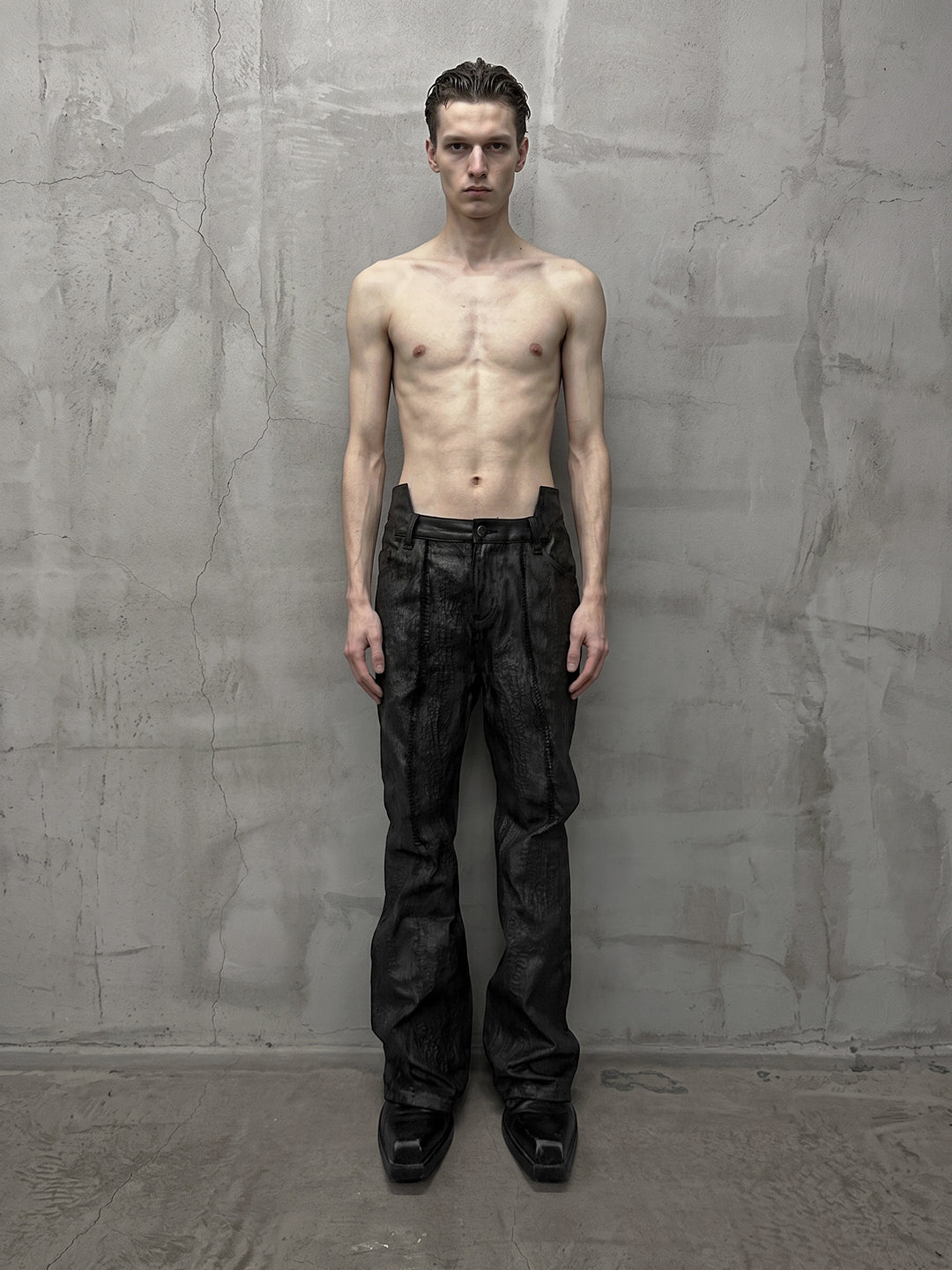 SERONINE CTX-55 Wax-Coated Structural Black Jeans - front full-length studio fit