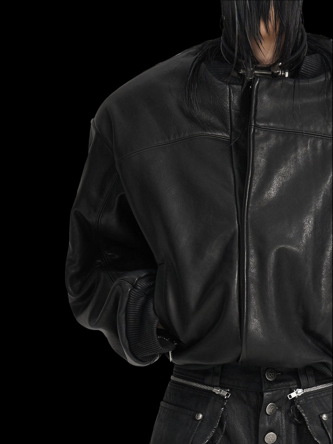 SERONINE VAR-45 Black Zip-Sleeve Leather Bomber Jacket - front chest and sleeve close-up