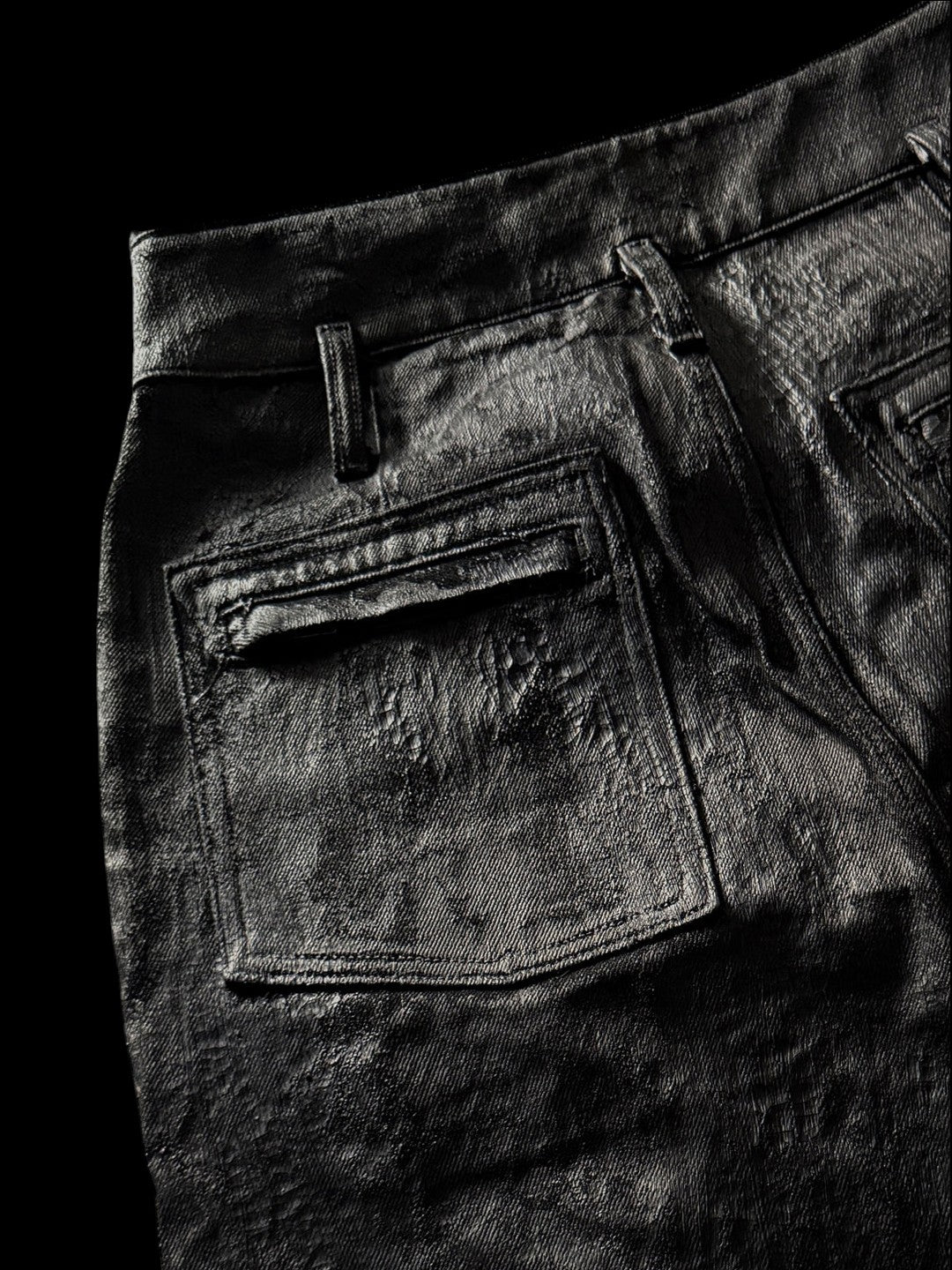 SERONINE CTX-55 Wax-Coated Structural Black Jeans - back pocket close-up