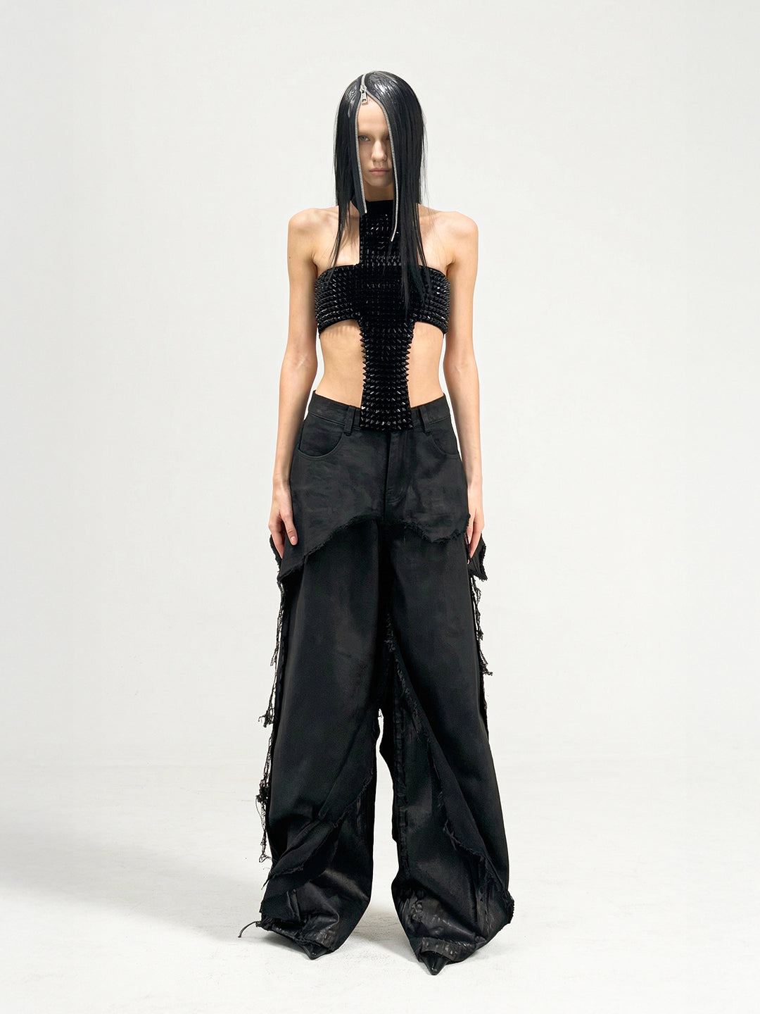 SERONINE VAR-46 Black Wax-Crack Distressed Wide-Leg Jeans - front full-length fit on model
