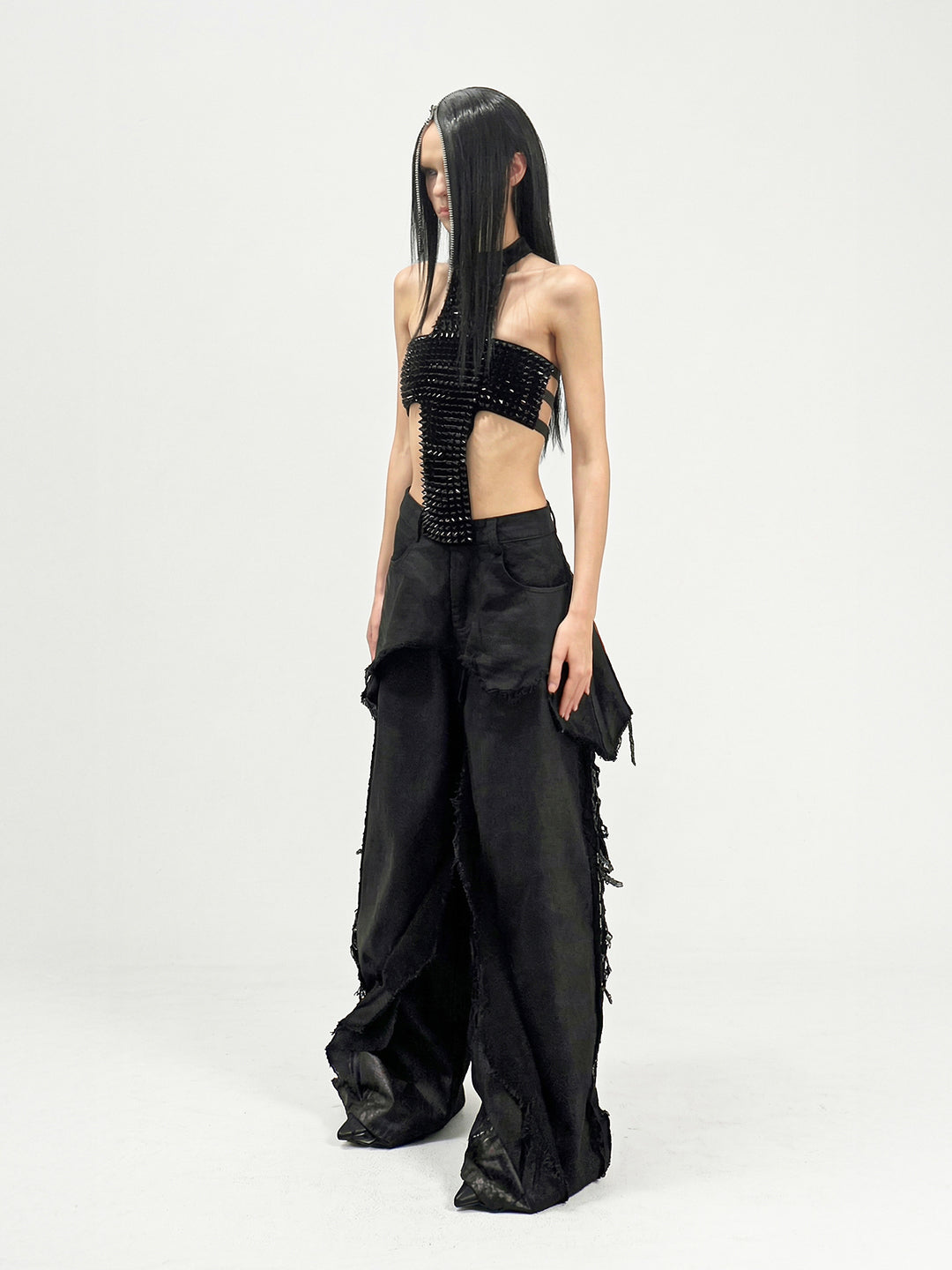 SERONINE VAR-46 Black Wax-Crack Distressed Wide-Leg Jeans - side full-length fit on model