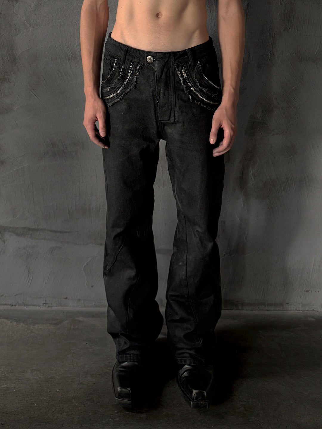 SERONINE CTX-54 Wax-Coated Frayed-Edge Zip Denim Pants - front full-length studio fit