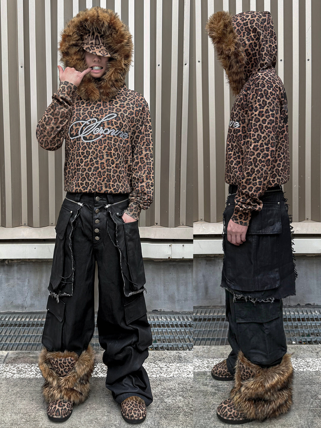 お兄系　FUGA Leopard Fur Velour Hoodie ACRO TOKYO][FUGA] Velour Hoodie with Fur Trim