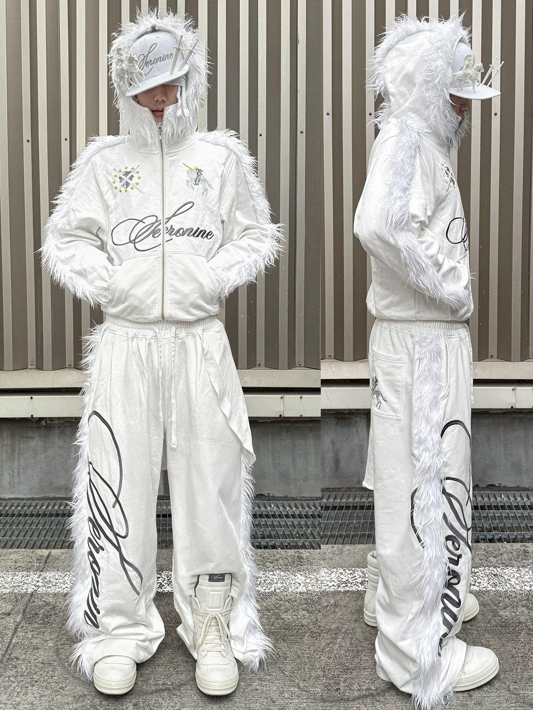 SERONINE VAR-41 White Mohawk Fleece-Trim Hoodie & Pants Set - front and side set fit on model