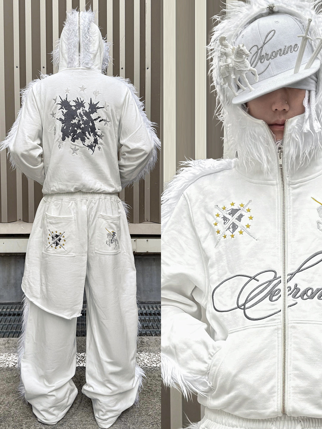 SERONINE VAR-41 White Mohawk Fleece-Trim Hoodie & Pants Set - back fit and embroidery details
