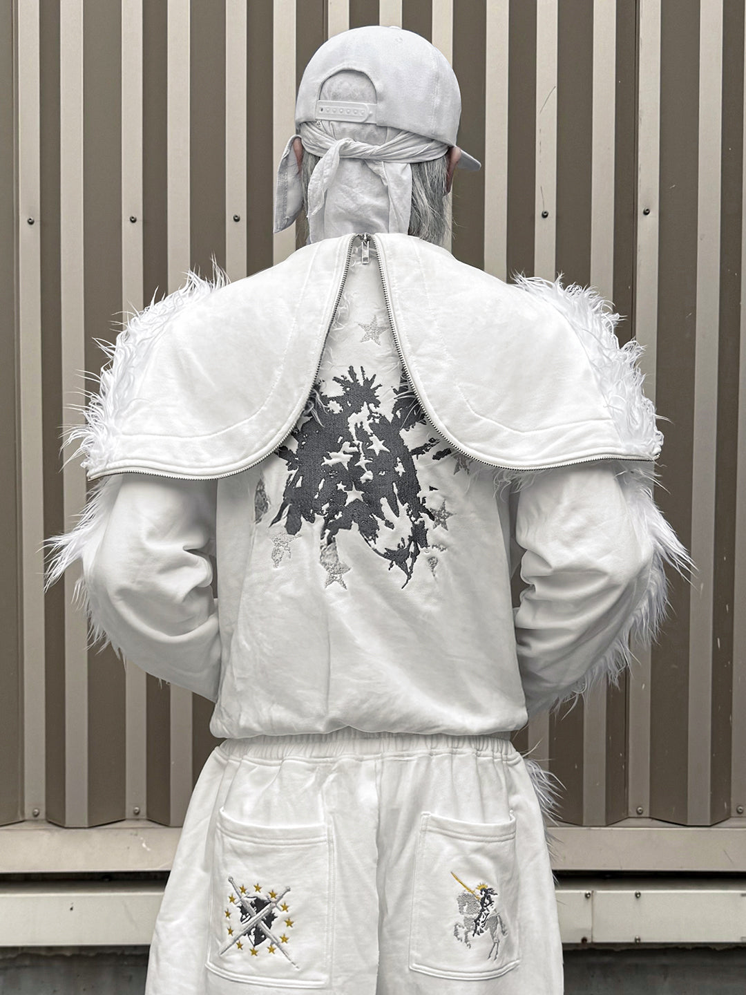 SERONINE VAR-41 White Mohawk Fleece-Trim Hoodie & Pants Set - back hood and graphic detail