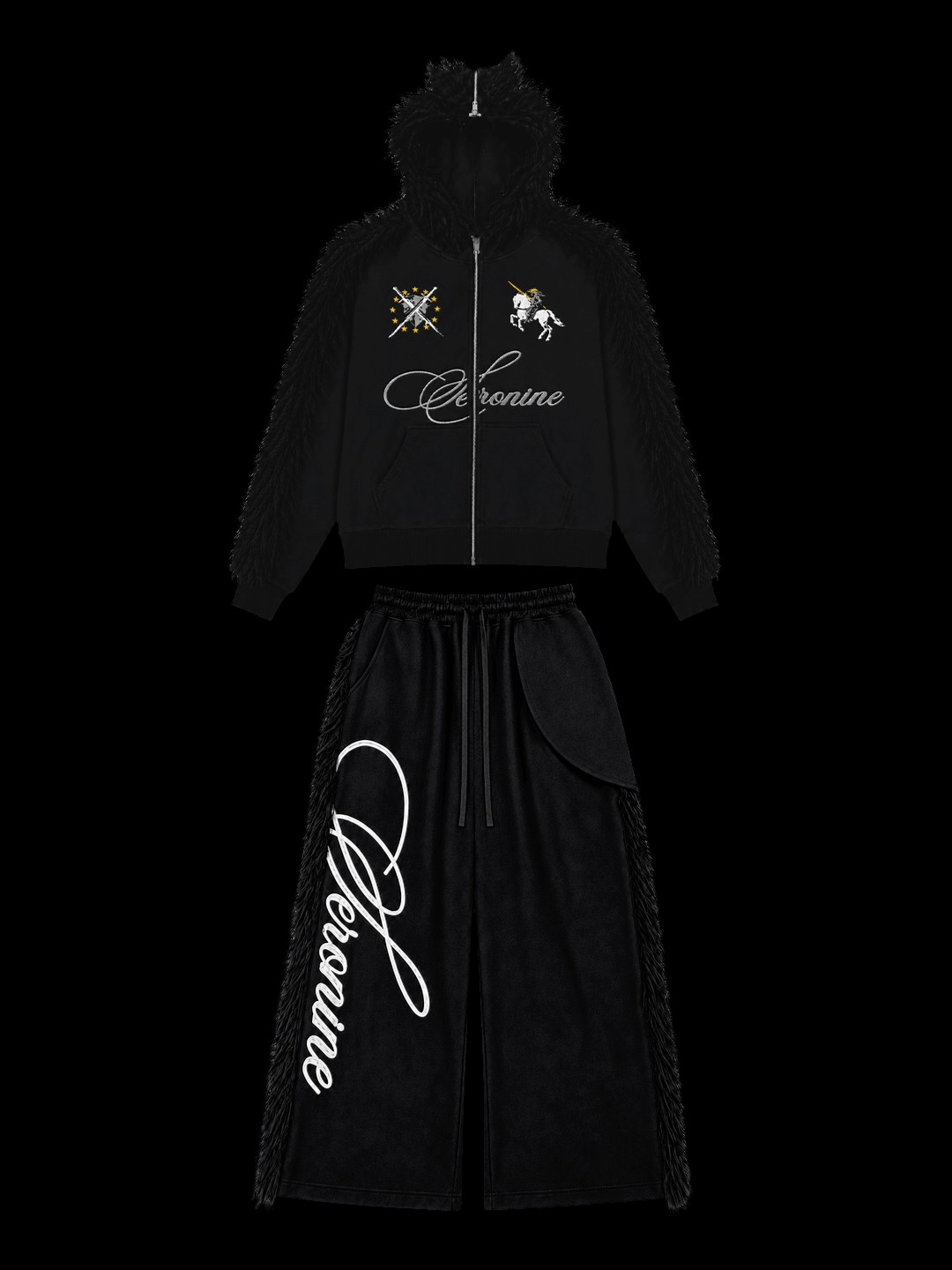 SERONINE VAR-42 Black Mohawk Fleece-Trim Hoodie & Pants Set - hoodie and pants flat lay