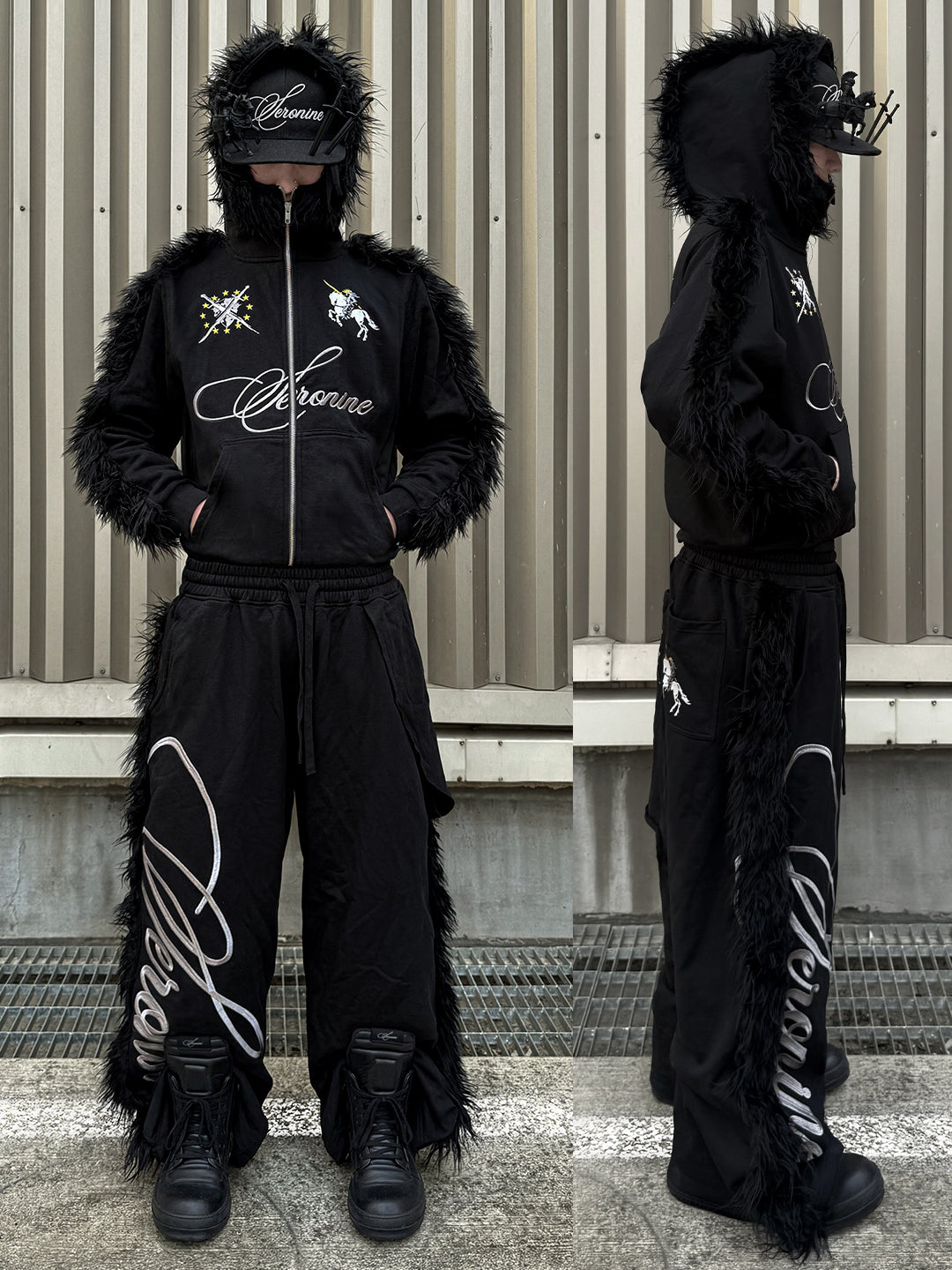 SERONINE VAR-42 Black Mohawk Fleece-Trim Hoodie & Pants Set - front and side set fit on model