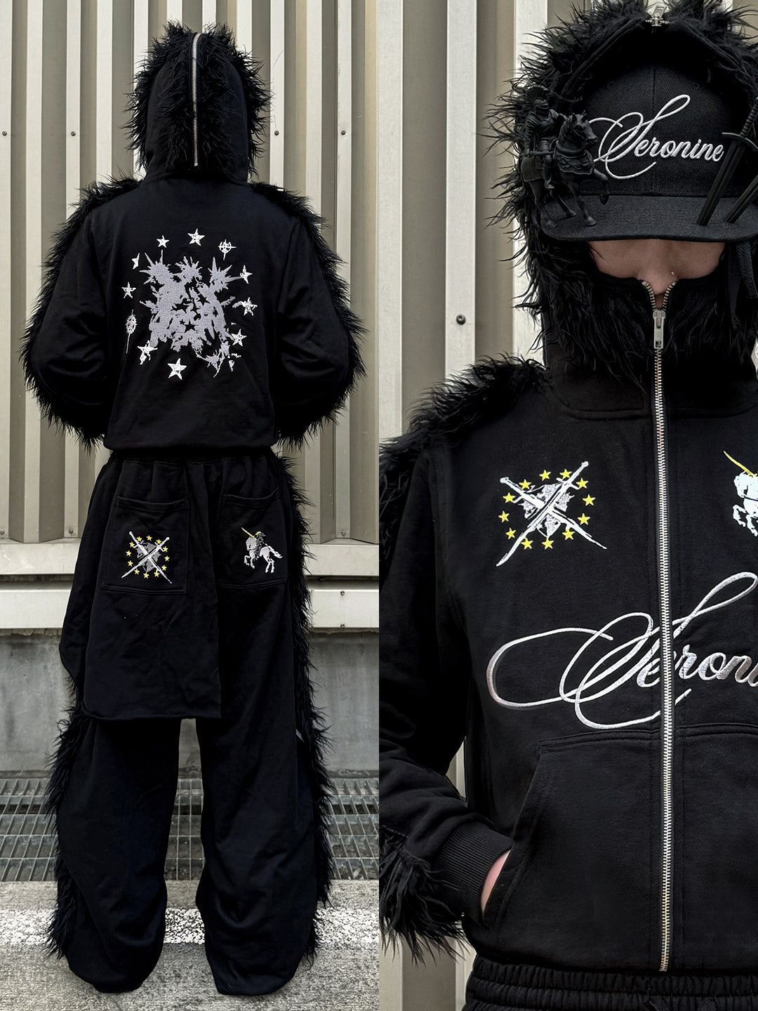 SERONINE VAR-42 Black Mohawk Fleece-Trim Hoodie & Pants Set - back fit and embroidery details