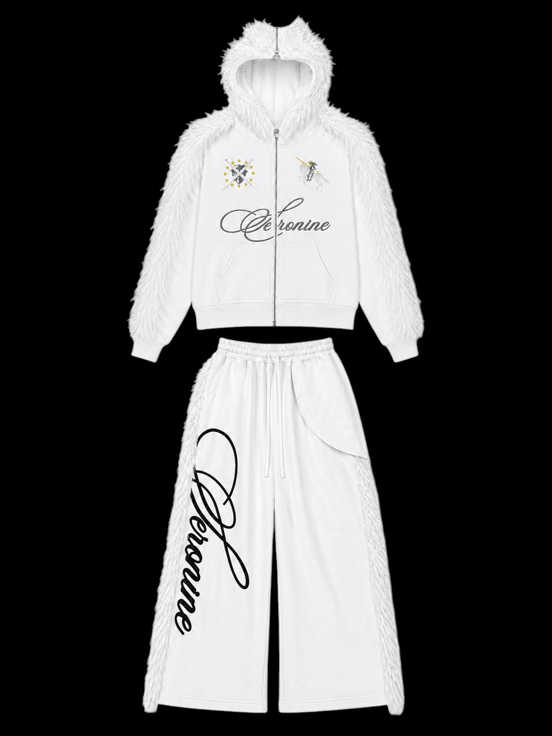 SERONINE VAR-41 White Mohawk Fleece-Trim Hoodie & Pants Set - hoodie and pants flat lay