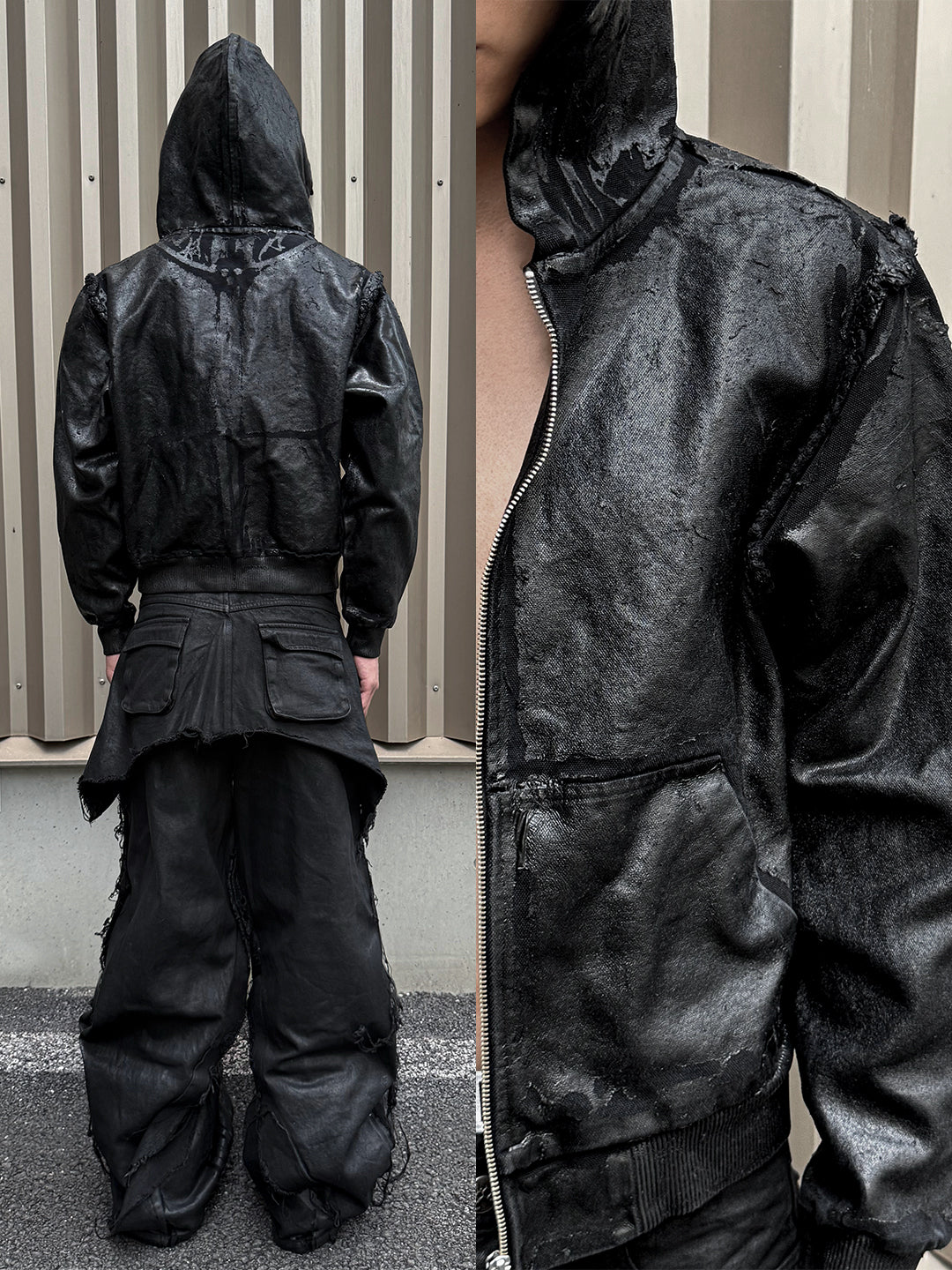SERONINE VAR-44 Black Cracked Coated-Canvas Zip Hoodie - back fit and zip detail collage