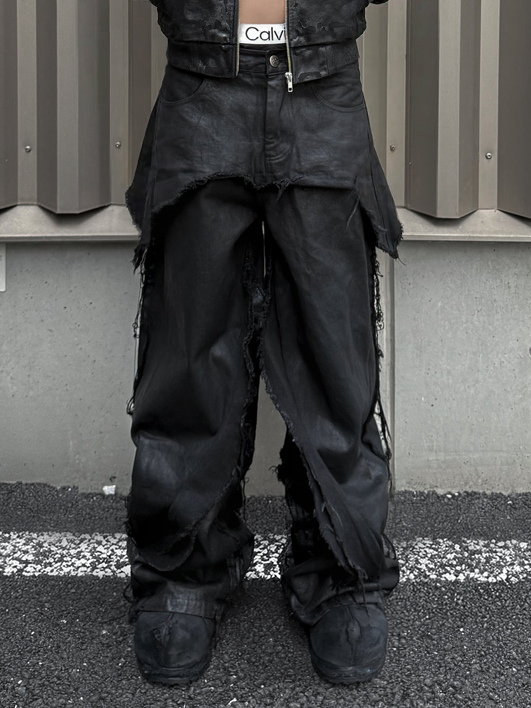 SERONINE VAR-46 Black Wax-Crack Distressed Wide-Leg Jeans - front fit with layered hip panel