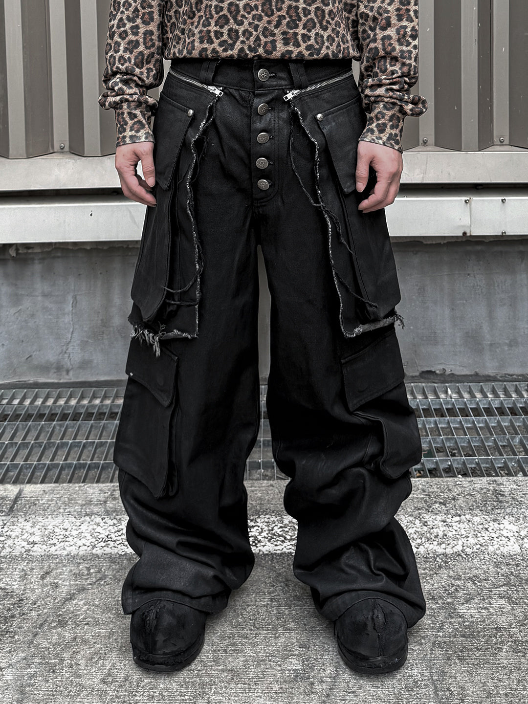 SERONINE VAR-47 Black Wax-Brushed Layered Wide-Leg Jeans - front fit with cargo pockets