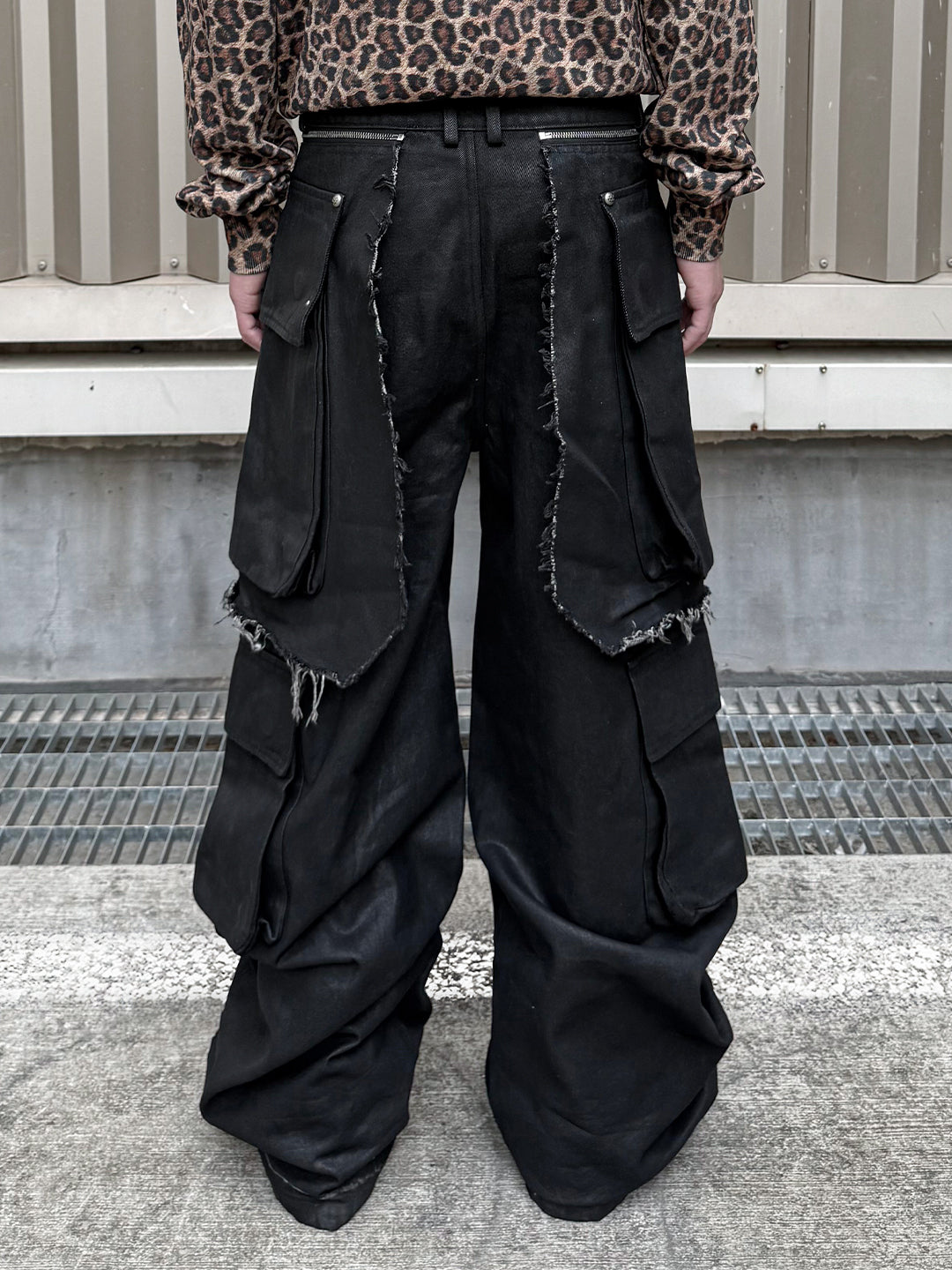 SERONINE VAR-47 Black Wax-Brushed Layered Wide-Leg Jeans - back fit on model