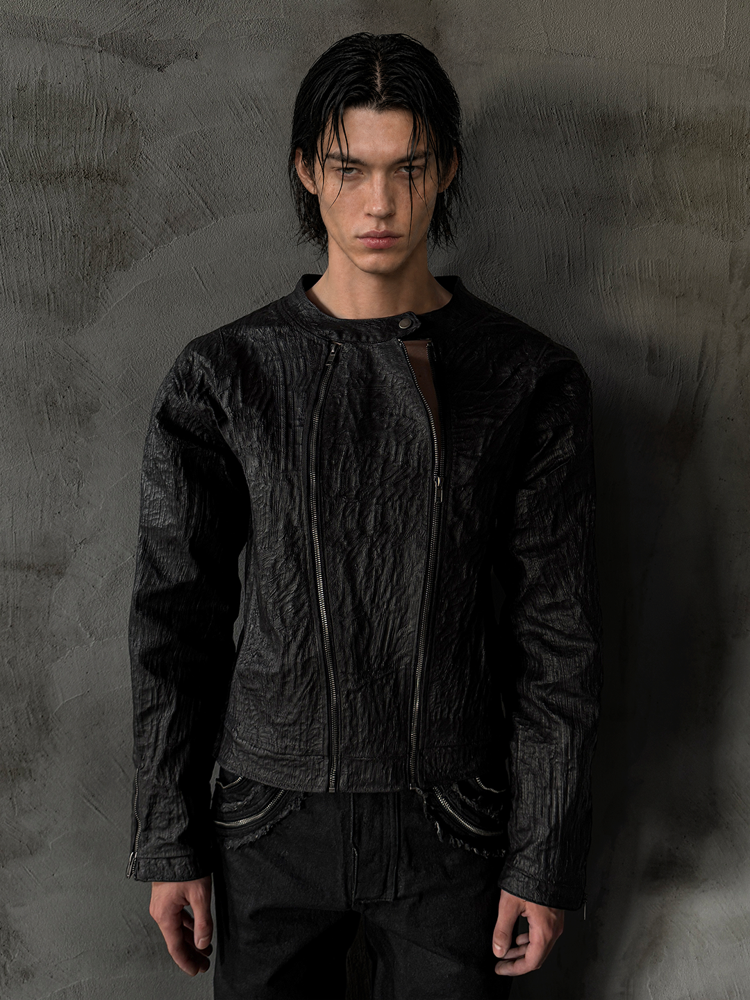 SERONINE CTX-51 Waxed Texture Crackle Double-Zip Jacket - front fit on model